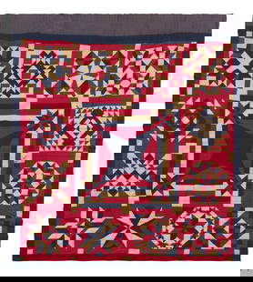 A Pieced Cotton Sampler Quilt: A Pieced Cotton Sampler Quilt 20th Century worked with solid blue, red and off white cotton patches, machine and hand-sewn. 70 x 68 inches. This lot is located in Philadelphia. Provenance: Zaricor Qui