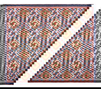 A Pieced Quilt: Irish Chain and Flowerhead Blocks: A Pieced Quilt: Irish Chain and Flowerhead Blocks Late 19th / Early 20th Century worked with printed cotton fabric in blues, reds and greens, handsewn, diagonal line quilting. 98 x 88 inches. This lot