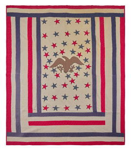 A Pieced and Appliqued Patriotic Quilt: A Pieced and Appliqued Patriotic Quilt 20th Century machine and hand-sewn, worked with solid color patches in tan, red, and blue, the appliqued edges hemstitched. 92 x 76 inches. This lot is located i