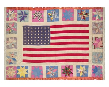 A Pieced Cotton Quilt with 48-Star Flag