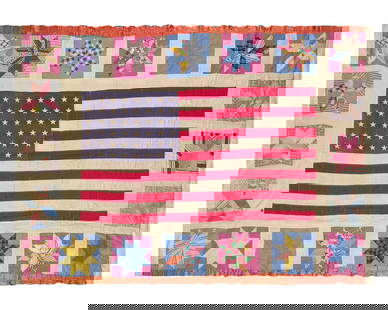 A Pieced Cotton Quilt with 48-Star Flag: A Pieced Cotton Quilt with 48-Star Flag 20th Century the 48-Star cotton parade flag with printed canton and stitched stripes with two grommets and manufacturers stamp on header, is enclosed by a borde