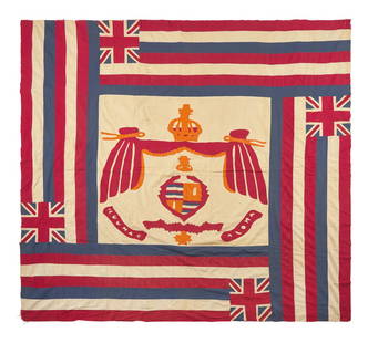 An Appliqued and Pieced Hawaiian "My Beloved Flag" Quilt Top: An Appliqued and Pieced Hawaiian "My Beloved Flag" Quilt Top Early 20th Century depicting the Hawaiian Royal coat-of-arms surrounded by four Hawaiian flags, inscribed, "Ku'u Hae Aloha," hand and machi