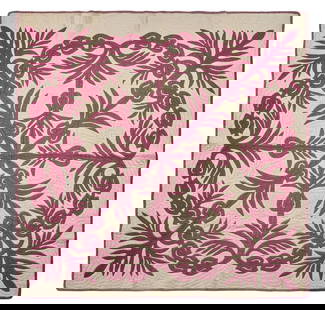 A Hawaiian Appliqued Cotton Quilt: A Hawaiian Appliqued Cotton Quilt 20th Century worked with magenta cotton on a natural ground, hand-sewn with machine-sewn edge binding, conforming quilting. 70 x 69 inches. This lot is located in Phi