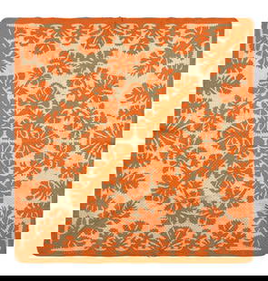 A Hawaiian Appliqued Quilt: A Hawaiian Appliqued Quilt 20th Century worked with solid orange cotton on natural cotton ground, with overall diamond quilting. 75 x 74 inches. This lot is located in Philadelphia. Provenance: Zarico