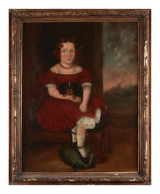 American School 19th Century, Portrait of a Young Girl with a Puppy