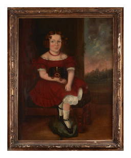 American School 19th Century, Portrait of a Young Girl with a Puppy: American School 19th Century, Portrait of a Young Girl with a Puppy oil on canvas, framed. 35 x 27 inches (sight), 41 1/2 x 33 1/4 inches. 35&#8221; x 27&#8221;, framed This lot is located in Philadel