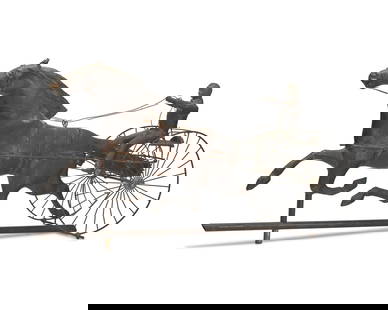 A Molded Copper Horse and Sulky Weathervane: A Molded Copper Horse and Sulky Weathervane 19th Century Height 18 1/2 x width 32 x depth 11 inches. This lot is located in Philadelphia.