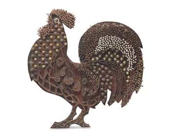 A  Painted Wood and Nail-Work Rooster Plaque