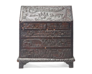 An English Relief-Carved Oak Slant-Front Desk