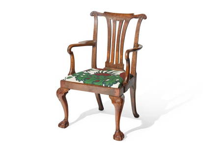 STUDIO DEARBORN
A George III Mahogany Armchair: STUDIO DEARBORN A George III Mahogany Armchair Late 18th Century and Later The yoke form crest rail over openwork splat, gros and petit-point slip seat atop shell