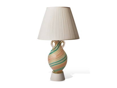 DONZELLA, LTD. An Italian Blown Glass Lamp: DONZELLA, LTD. An Italian Blown Glass Lamp By Murano with Barovier, Circa 1960 Bulbous form with interior gold inclusions & diagonal stripes of white, aqua & red, applied h