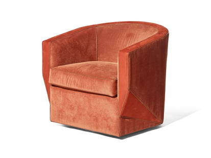 DREW MCGUKIN INTERIORS
A McSwivel Lounge Chair: DREW MCGUKIN INTERIORS A McSwivel Lounge Chair By Drew McGukin Upholstered in a burnt orange suede and corduroy with brown leather piping, loose seat cushion. Height 28