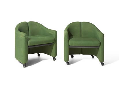 BILLY COTTON
A Pair of Italian Split-Back Lounge Chairs: BILLY COTTON A Pair of Italian Split-Back Lounge Chairs Eugenio Gerli for Tecno, Circa 1960s Covered in a green upholstery and raised on casters. Height 26 x width 26 x d