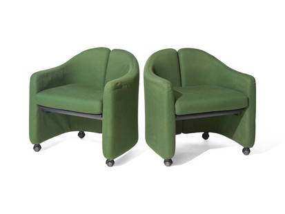 BILLY COTTON
A Pair of Italian Split-Back Lounge Chairs: BILLY COTTON A Pair of Italian Split-Back Lounge Chairs Eugenio Gerli for Tecno, Circa 1960s Covered in green upholstery and raised on casters. Height 26 x width 26 x dep