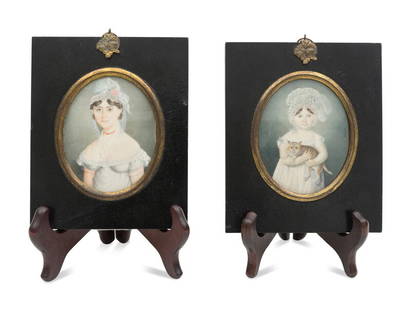 American School, Early 19th Century: American School, Early 19th Century Circa 1815 a pair of miniature portraits depicting a lady and young girl with a cat. Excluding frame, height 3 1/2 x width 3 inches.
