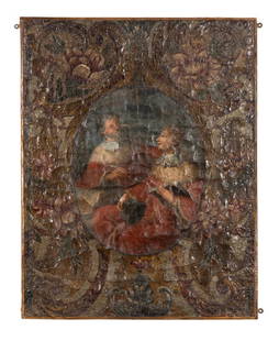 An Embossed Leather Hand-Painted Wall Panel : An Embossed Leather Hand-Painted Wall Panel  19th Century or Earlier Depicting a courting scene. Height 30 x width 24 inches. Property from a Noteworthy Private Collection, Pa