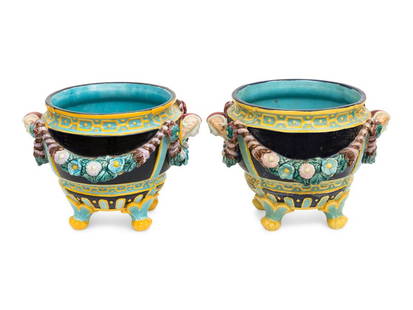 A Pair of English Majolica Footed Jardinieres : A Pair of English Majolica Footed Jardinieres  19th Century Height 10 inches. [diameter] This lot is located in Palm Beach.