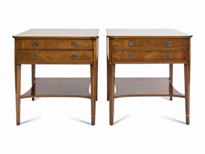 A Pair of Regency Style String Inlaid Mottled Mahogany Two-Drawer Stands : A Pair of Regency Style String Inlaid Mottled Mahogany Two-Drawer Stands  Mid 20th Century Height 25 1/2 x width 24 1/2 x depth 22 inches. This lot is located in Palm Bea