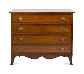A Federal Mahogany Chest of Drawers : A Federal Mahogany Chest of Drawers  Early 19th Century Having four banded drawers; the brass pulls cast with cornucopia of fruit. Height 36 x width 42 1/4 x depth 20 1/4 inches.