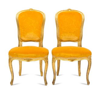 A Pair of Louis XV Style Giltwood Side Chairs: A Pair of Louis XV Style Giltwood Side Chairs 20th Century Height 39 x width 20 1/2 x depth 19 inches. Seat height 18 inches. This lot is located in Palm Beach.