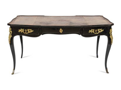 An Italian Rococo Style Black-Lacquered Gilt Bronze Mounted Bureau Plat : An Italian Rococo Style Black-Lacquered Gilt Bronze Mounted Bureau Plat  18th Century having an embossed leather top. Height 31 x width 59 x depth 30 inches. This lot is