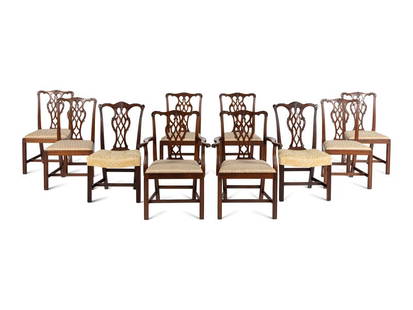 An Assembled Set of Ten George III Mahogany Style Dining Chairs: An Assembled Set of Ten George III Mahogany Style Dining Chairs 19th/20th Century comprising a set of eight with two armchairs and six side chairs and a similarly decorated pair side chairs. Heigh
