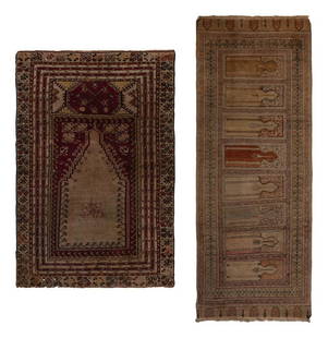 A Central Anatolian Prayer Rug and a Turkish Saph Rug: A Central Anatolian Prayer Rug and a Turkish Saph Rug Early 20th Century Saph rug 7 feet 2 x 2 feet 9 inches; Anatolian rug 5 feet 7 inches x 3 feet 9 inches. Property from a Private Coll