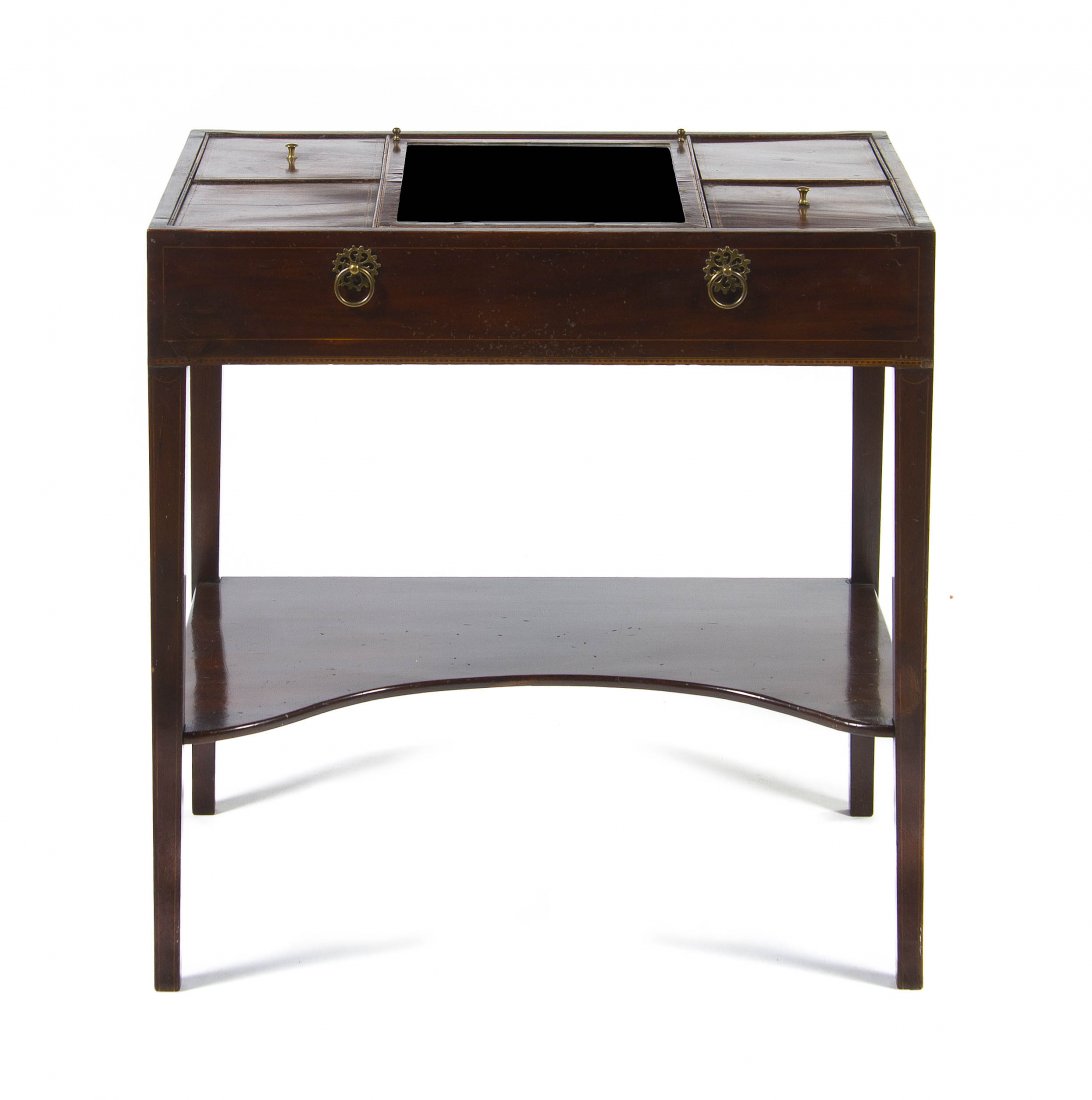A Georgian Style Mahogany Dressing Table, Height 30 x w: A Georgian Style Mahogany Dressing Table, having a central adjustable mirror flanked by covered compartments, over a plain frieze raised on square tapering legs joined by a medial shelf, the whole wit