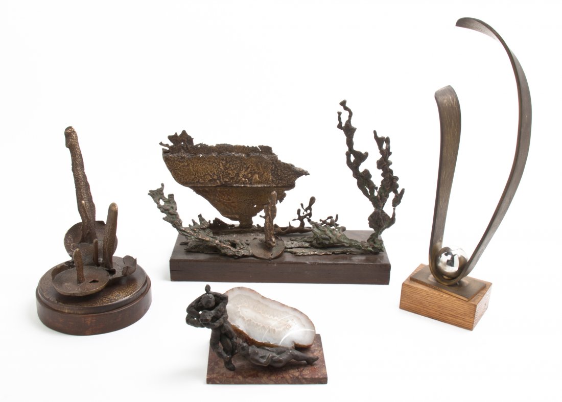 Four American Bronze Sculptures, Mario Spampinato (Ital: Four American Bronze Sculptures, Mario Spampinato (Italian/American, 1912-2000), one depicting three figures with a geode, raised on a marble plinth and three abstract examples. Height of tallest 15 i