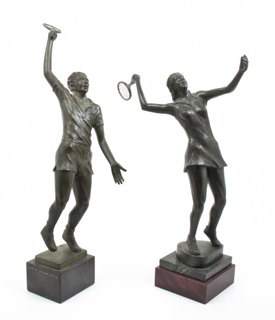 Two American Bronze Sculptures, Mario Spampinato (Itali: Two American Bronze Sculptures, Mario Spampinato (Italian/American, 1912-2000), comprising Girl Tennis Player and Male Tennis Player, each depicted in mid-lob, raised on a marble plinth, signed M. Spa