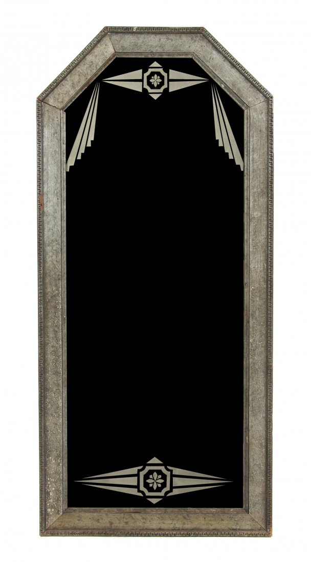 An Art Deco Style Pier Mirror, Height 65 x width 30 inc: An Art Deco Style Pier Mirror, of rectangular form with canted upper corners, having geometric decoration to plate. Height 65 x width 30 inches. Property from the Estate of Samuel and Dora Kaner, Sout
