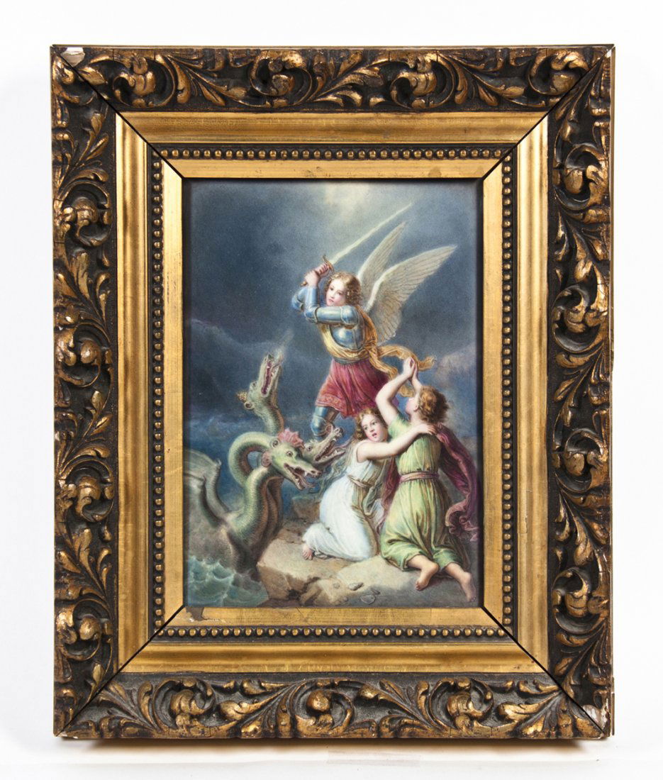 A KPM Style Porcelain Plaque, Height 9 1/8 x 6 3/8 inch: A KPM Style Porcelain Plaque, depicting the Archangel Michael slaying a three headed sea serpent, before two figures, set in a giltwood frame. Height 9 1/8 x 6 3/8 inches visible.
