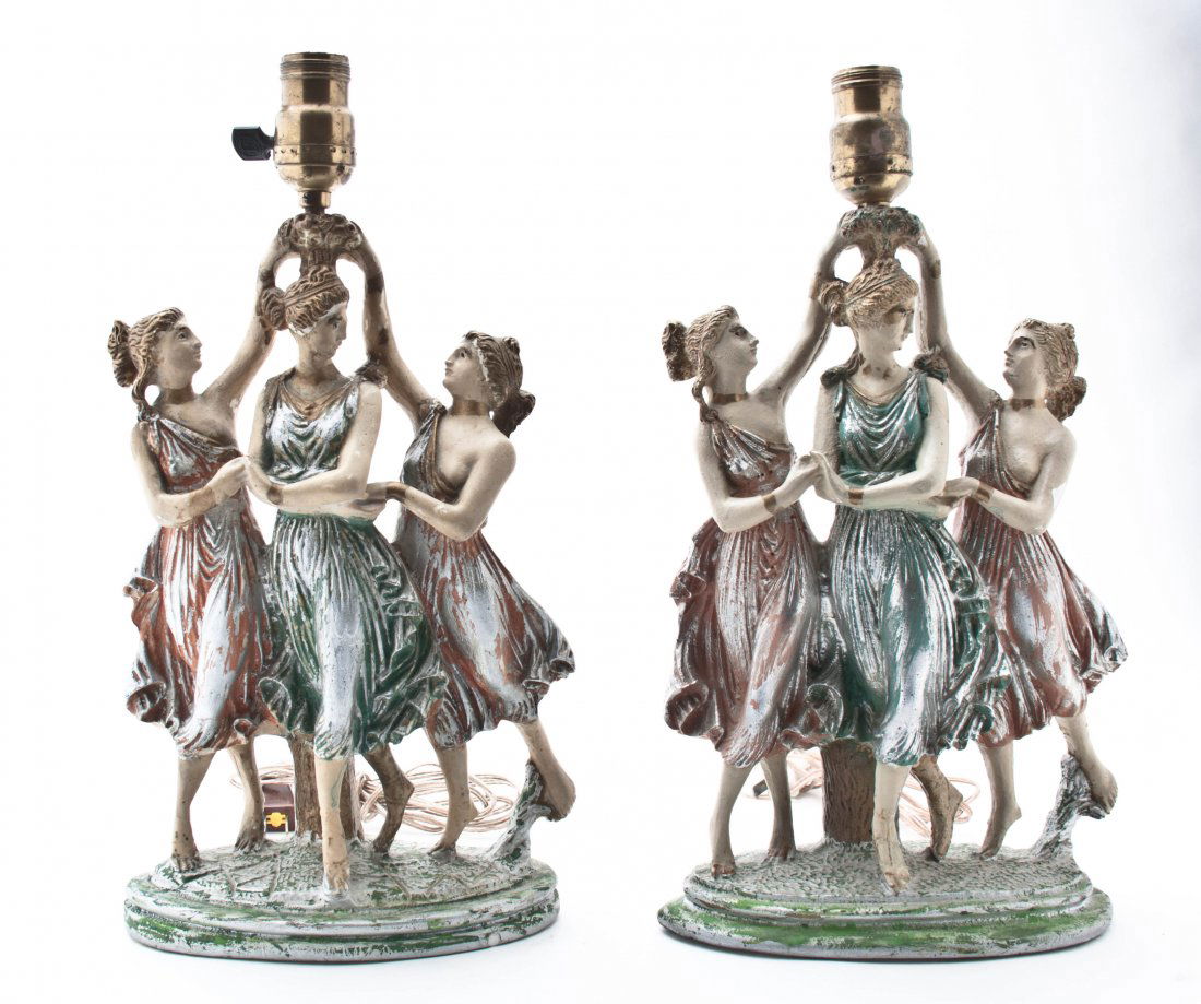 A Pair of Cast Plaster Lamps, Height 13 1/2 inches.: A Pair of Cast Plaster Lamps, each depicting the three graces. Height 13 1/2 inches.