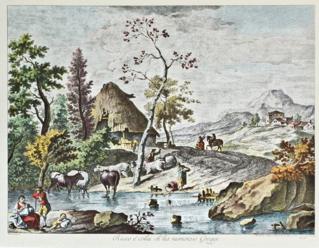 A Folio of Italian Prints, Largest print 7 3/8 x 9 1/4 : A Folio of Italian Prints, comprising four examples depicting the four seasons after Francesco Zuccarelli and two examples depicting landscape scenes after Francesco Bartolozzi. Largest print 7 3/8 x
