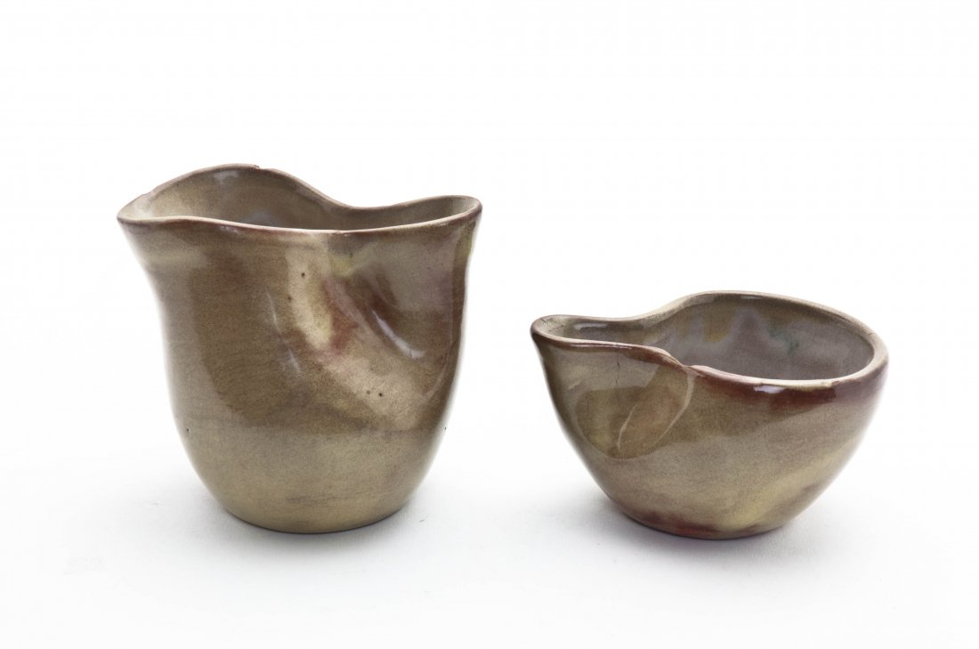 Two Studio Ceramic Vases, Eugene Deutch, Height of tall: Two Studio Ceramic Vases, Eugene Deutch, each of pinched form, signed and dated 1950. Height of taller 3 5/8 inches.