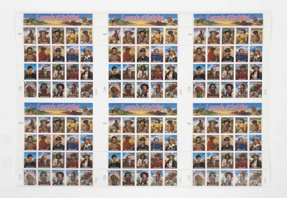 An Uncut Sheet of U.S. Postage Stamps, Width of sheet 2: An Uncut Sheet of U.S. Postage Stamps, Legends of the West, comprising 6 panes of 20 stamps each, signed by the artist of the stamp designs, Mark Hess, and numbered 3,255/5,000, set in a plastic sleev