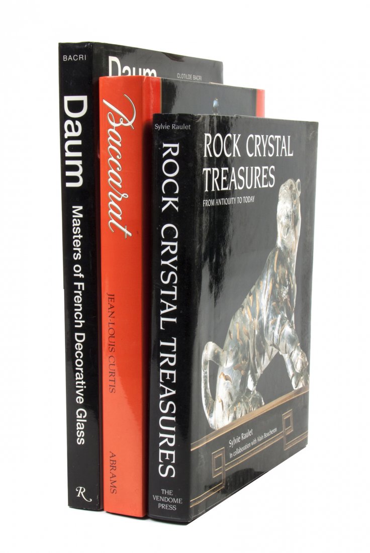 A Collection of Books Pertaining to Glass,: A Collection of Books Pertaining to Glass, including examples about Daum, Baccarat, rock crystal, Louis Comfort Tiffany, Lalique and others; 9 titles total.