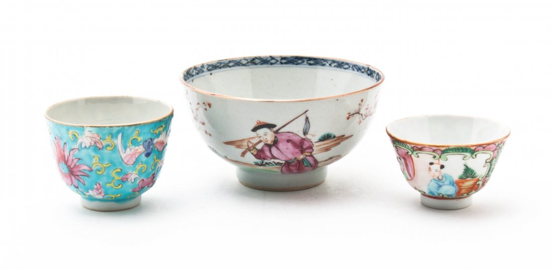 Three Chinese Polychrome Enamel Porcelain Articles, Dia: Three Chinese Polychrome Enamel Porcelain Articles, comprising a footed bowl with figural decoration and two footed wine cups, one having figural decoration, the other depicting bats and lotus blossom