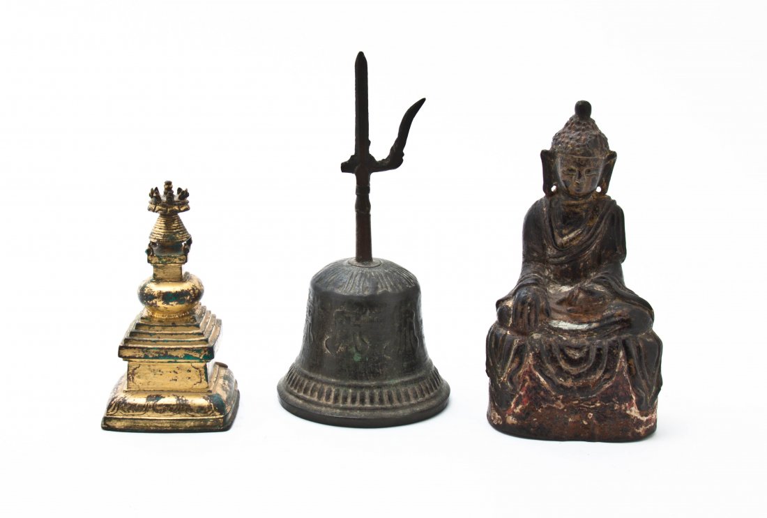 Three Bronze Buddhist Articles, Height of tallest 7 1/8: Three Bronze Buddhist Articles, comprising a Sino-Tibetan figure of Buddha, a ghanta and a gilt bronze pedestal. Height of tallest 7 1/8 inches.