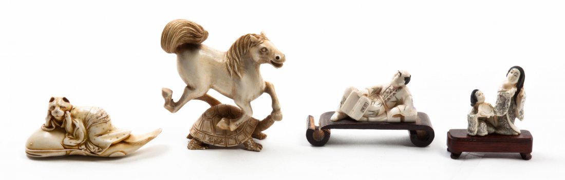 Four Japanese Carved Ivory Articles, Width of widest 3 : Four Japanese Carved Ivory Articles, comprising an okimono of a cat wearing a kimono recumbent on a catfish, a figural netsuke and two other okimono. Width of widest 3 5/8 inches.
