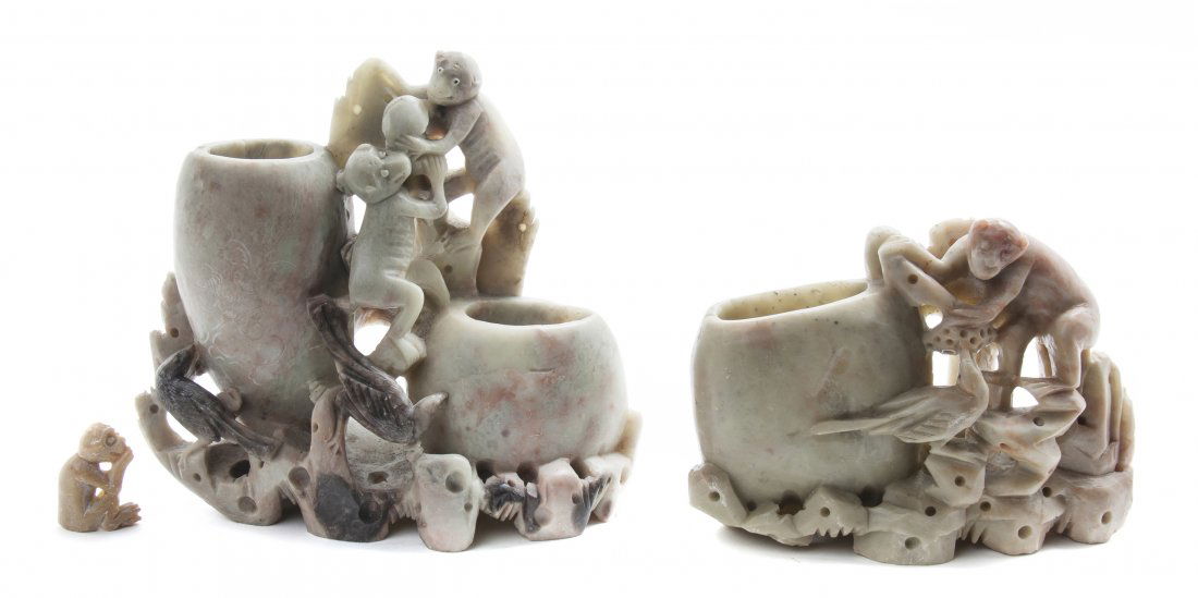 Two Chinese Soapstone Coupes, Height of tallest 5 3/4 i: Two Chinese Soapstone Coupes, each depicting monkeys and exotic birds on a pierced base. Height of tallest 5 3/4 inches. Property from the Collection of Tom and Carolyn Steward, Aurora, Illinois