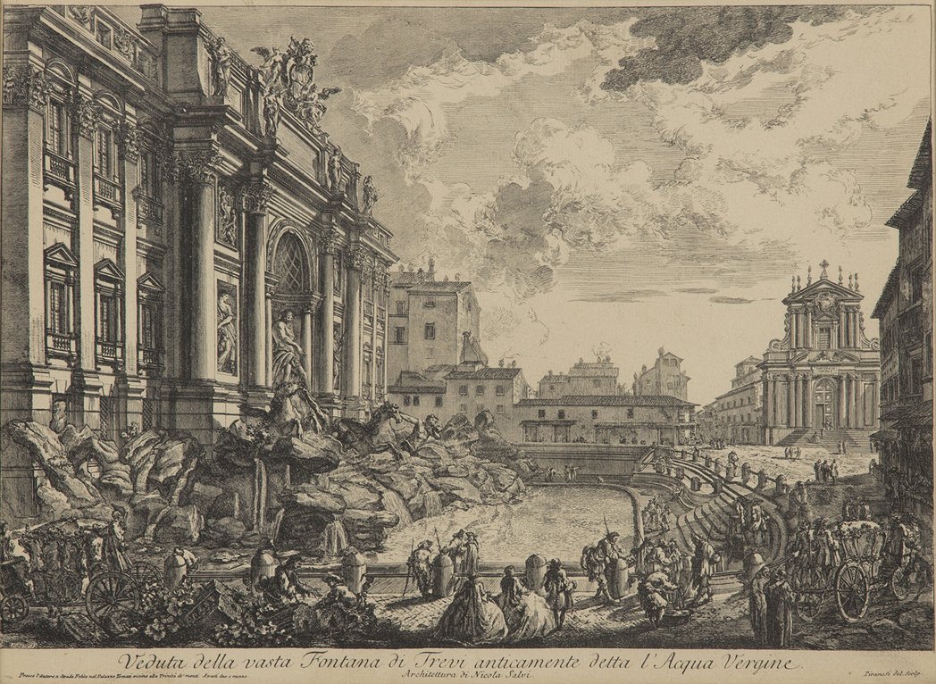 After Giovanni Battista Piranesi, (Italian, 1720-1778),: After Giovanni Battista Piranesi (Italian, 1720-1778) Veduta della vasta Fontana di Trevi reproduction 14 1/4 x 20 1/4 inches.
