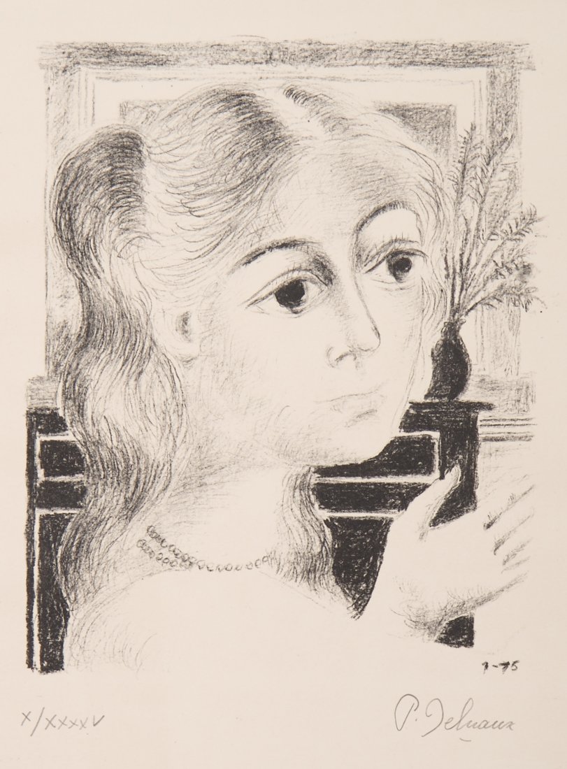 Paul Delvaux, (Belgian, 1897-1994), Jeune fille au coll: Paul Delvaux (Belgian, 1897-1994) Jeune fille au collier de perles lithograph edition X/XXXXV, signed (lower right) 11 x 9 inches.