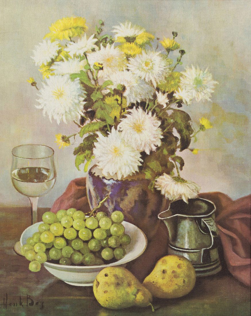 After Henk Bos, (Dutch, 1901-1979), Still Life with Flo: After Henk Bos (Dutch, 1901-1979) Still Life with Flowers and Fruit giclee signed (lower left) 19 1/4 x 15 1/2 inches.