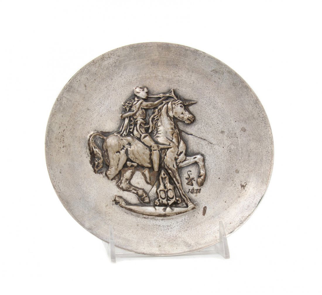 Salvador Dali, (Spanish, 1904-1989), A Pair of Unicorn : Salvador Dali (Spanish, 1904-1989) A Pair of Unicorn Dyonisique sterling silver edition of 10,000 Diameter 8 inches. Property from the Estate of Tom G. and Mary Jane McClain, Phoenix, Arizona