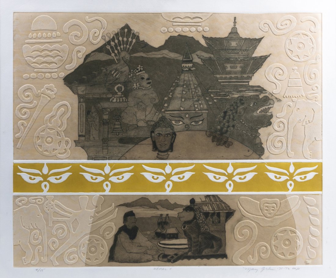 Mary Ray Gehr, (American, 1910-1997), Nepal II, 1971-72: Mary Ray Gehr (American, 1910-1997) Nepal II, 1971-72 etching edition 4/15, signed Mary Gehr and dated (lower right) 18 x 21 1/2 inches.