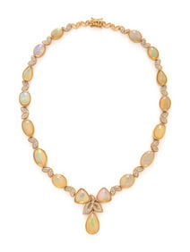 YELLOW GOLD, OPAL, AND DIAMOND NECKLACE