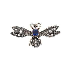 ANTIQUE, SILVER-TOPPED GOLD, DIAMOND, AND SYNTHETIC SAPPHIRE BEE BROOCH