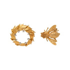 TWO YELLOW GOLD BROOCHES