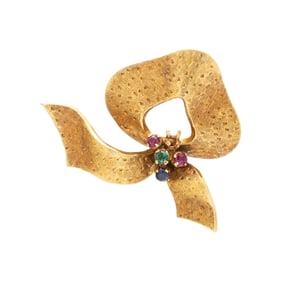 YELLOW GOLD AND MULTIGEM RIBBON BROOCH